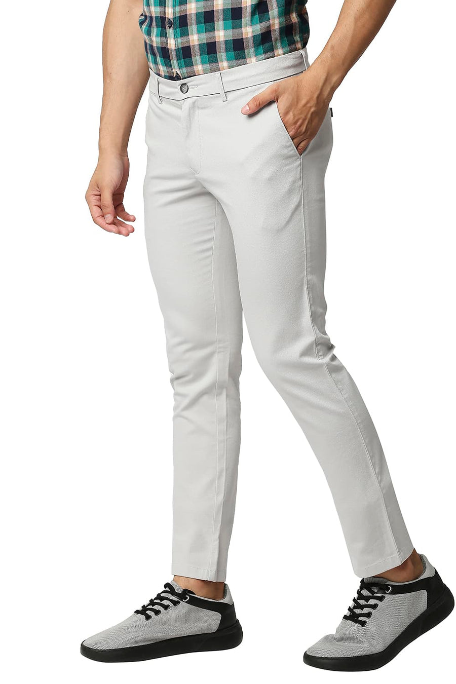 BASICS TAPERED FIT FOSSIL ECRU COTTON STRETCH TROUSERS