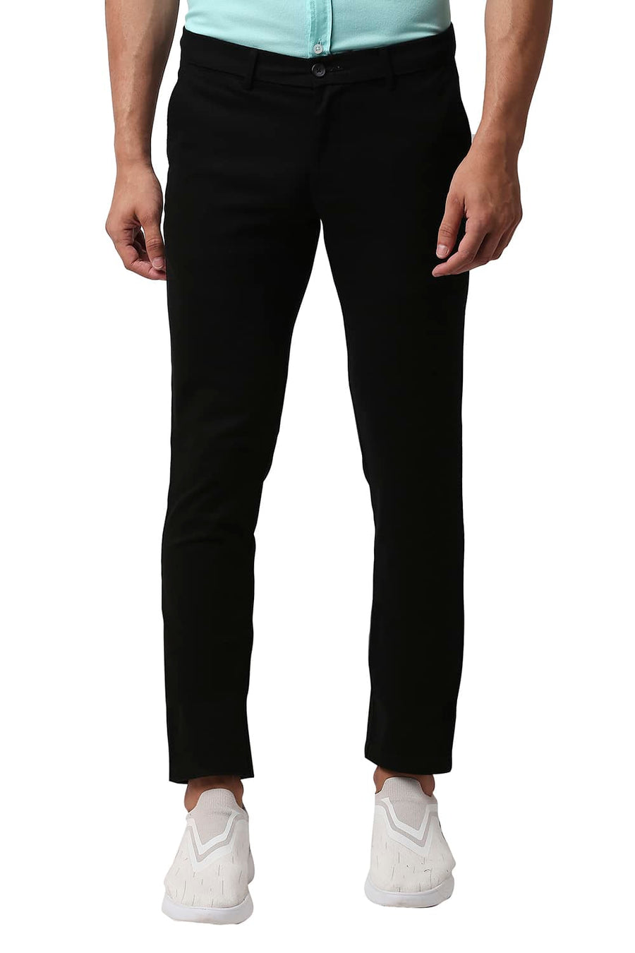 BASICS TAPERED FIT CAVIAR BLACK COTTON STRETCH TROUSERS