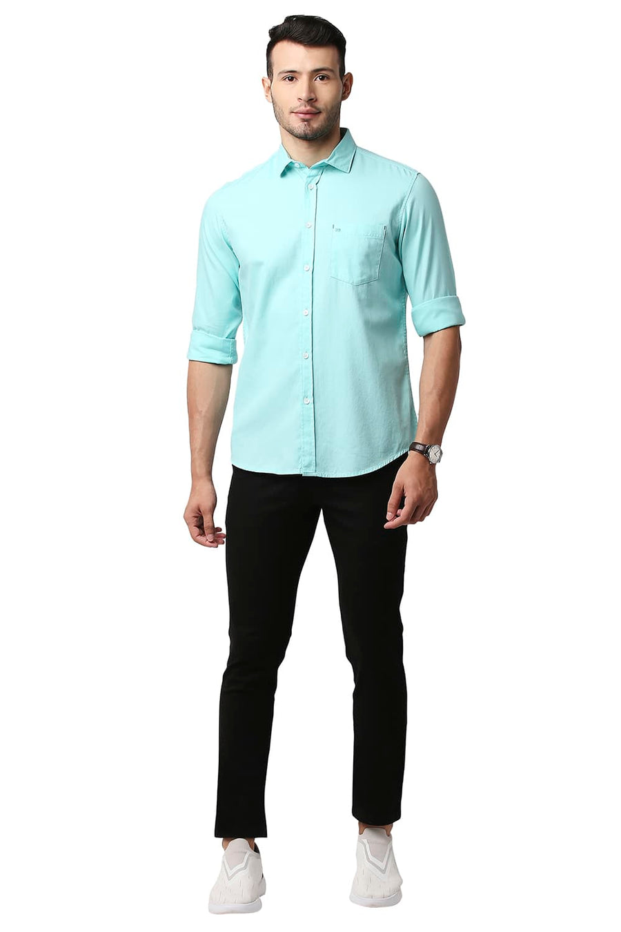 BASICS TAPERED FIT CAVIAR BLACK COTTON STRETCH TROUSERS