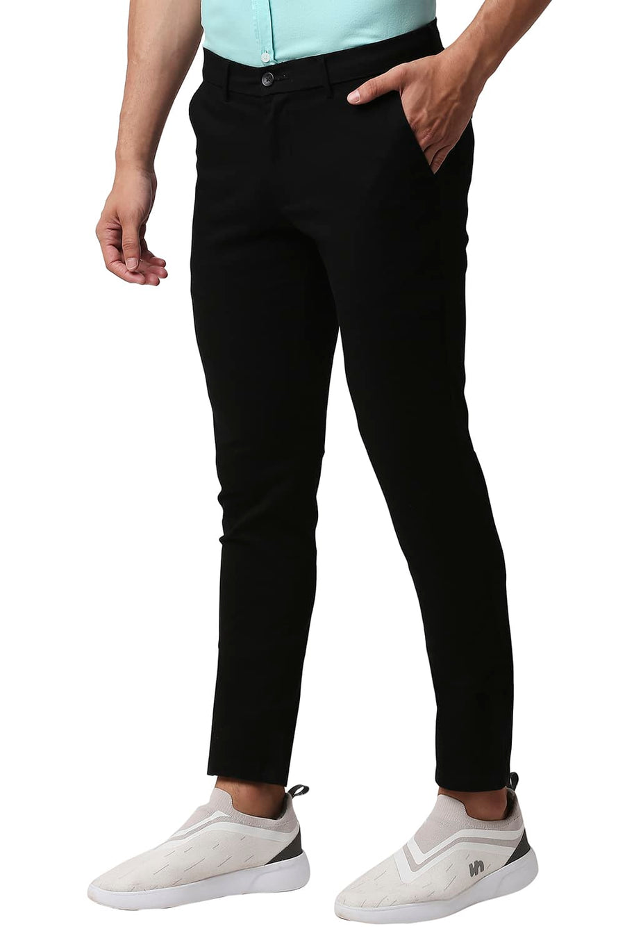 BASICS TAPERED FIT CAVIAR BLACK COTTON STRETCH TROUSERS