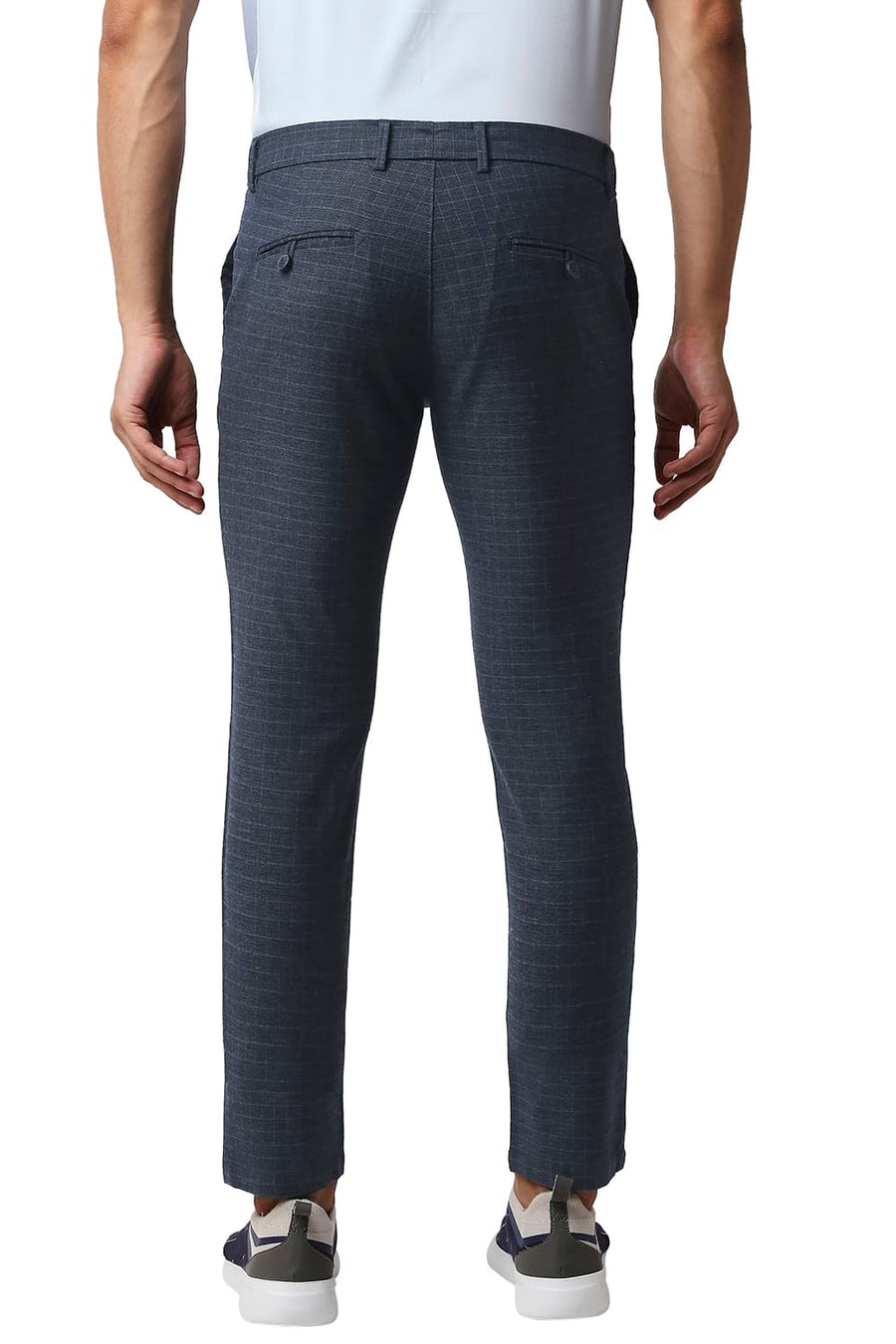 BASICS TAPERED FIT COLLEGIATE NAVY STRETCH CHECKS TROUSERS
