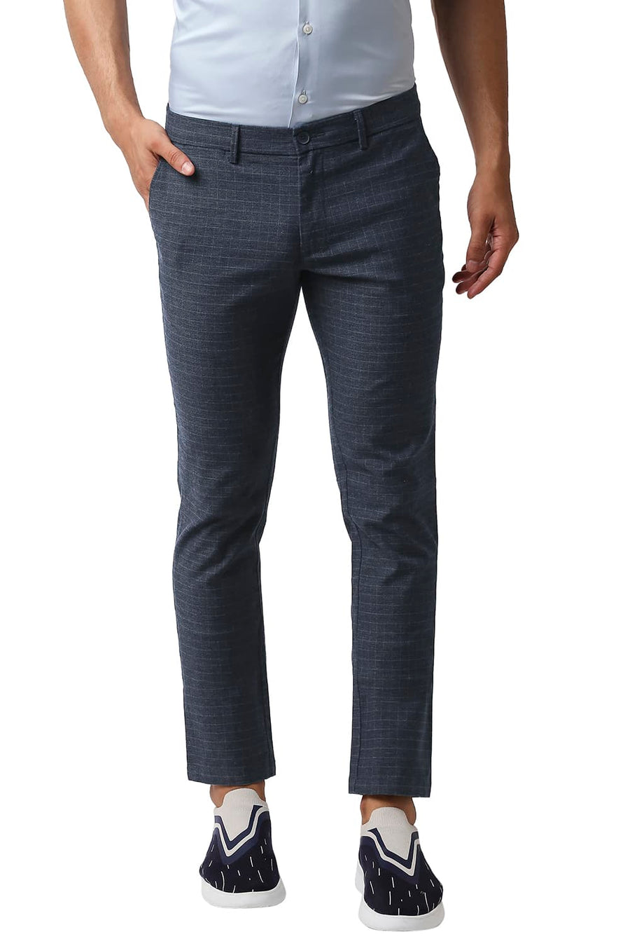 BASICS TAPERED FIT COLLEGIATE NAVY STRETCH CHECKS TROUSERS
