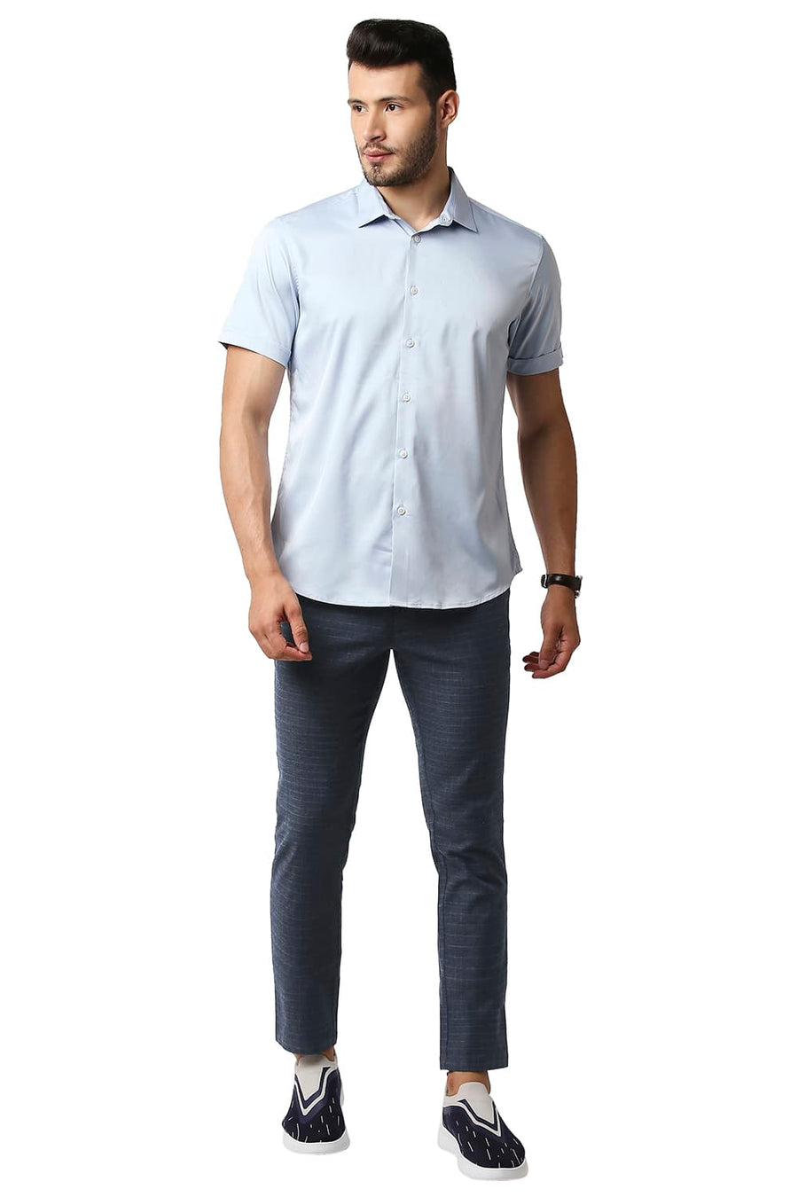 BASICS TAPERED FIT COLLEGIATE NAVY STRETCH CHECKS TROUSERS