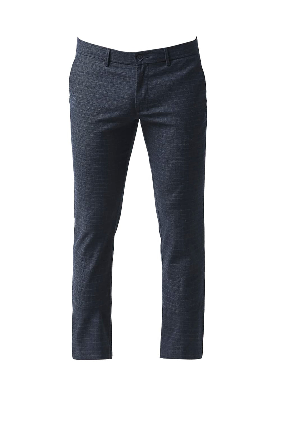 BASICS TAPERED FIT COLLEGIATE NAVY STRETCH CHECKS TROUSERS