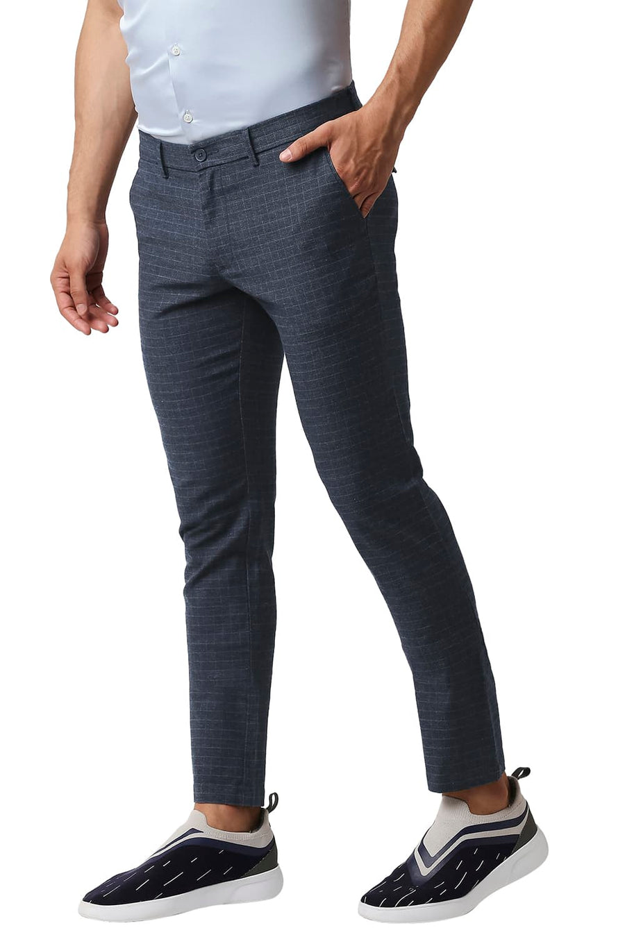 BASICS TAPERED FIT COLLEGIATE NAVY STRETCH CHECKS TROUSERS
