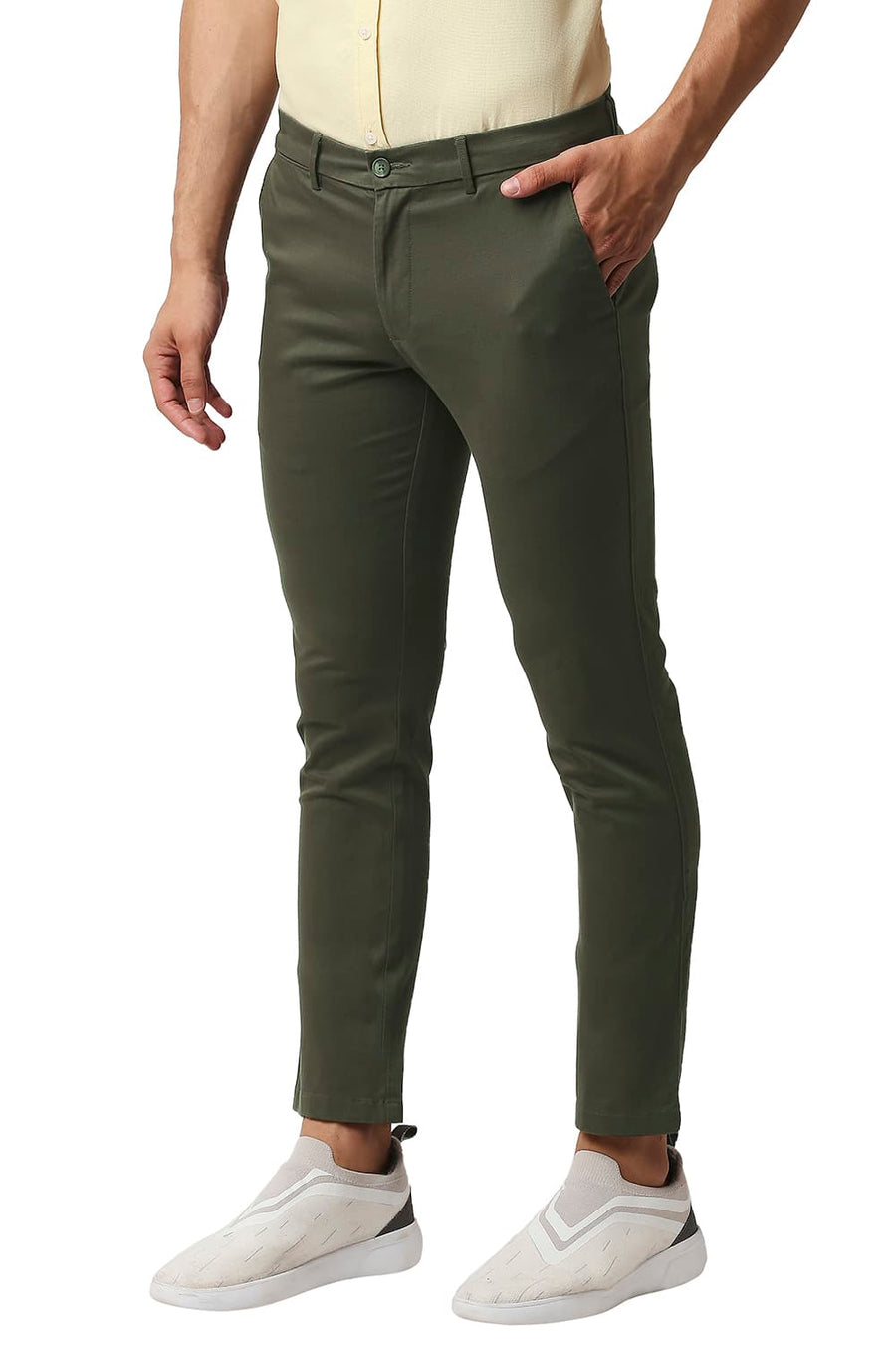 BASICS TAPERED FIT VETIVER OLIVE COTTON STRETCH TROUSERS