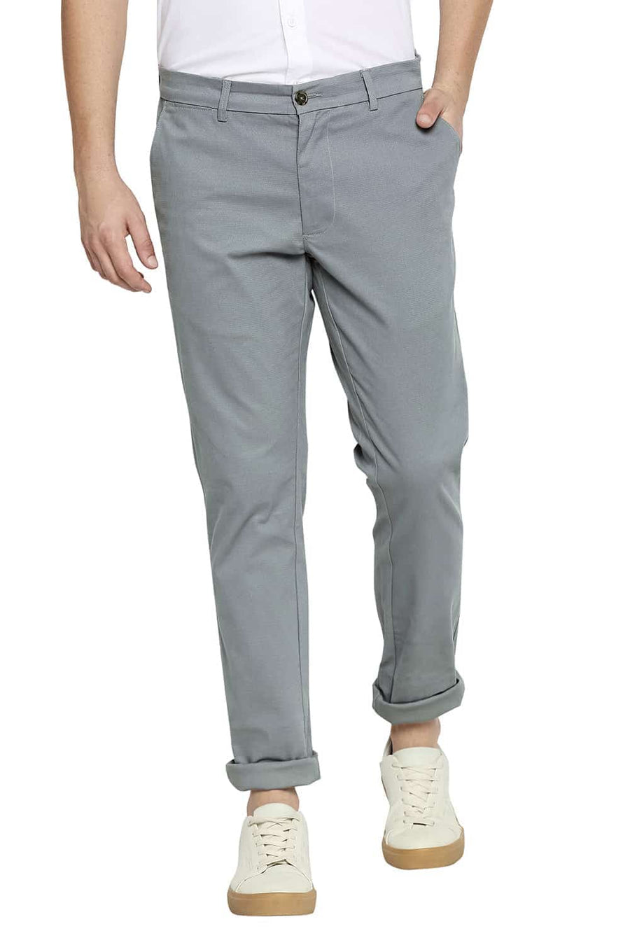BASICS TAPERED FIT LIMESTONE GREY STRETCH TROUSERS
