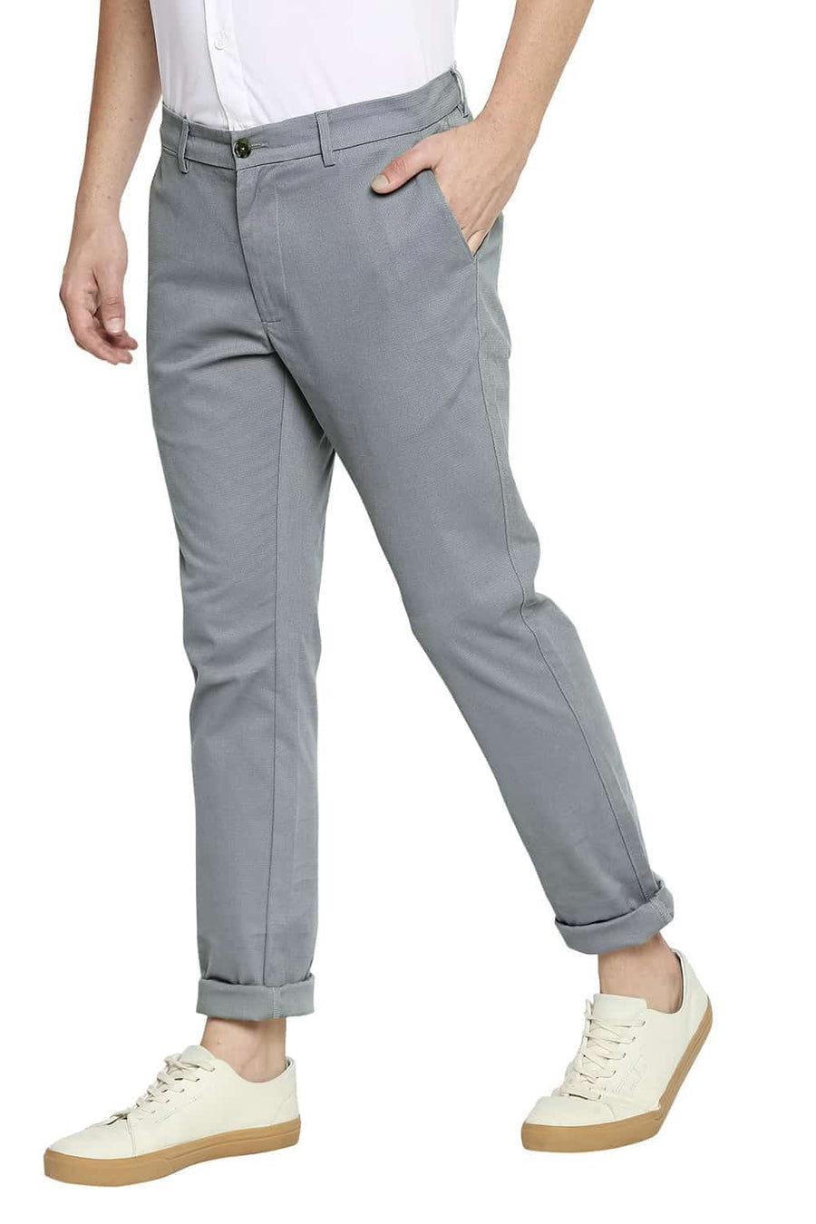 BASICS TAPERED FIT LIMESTONE GREY STRETCH TROUSERS