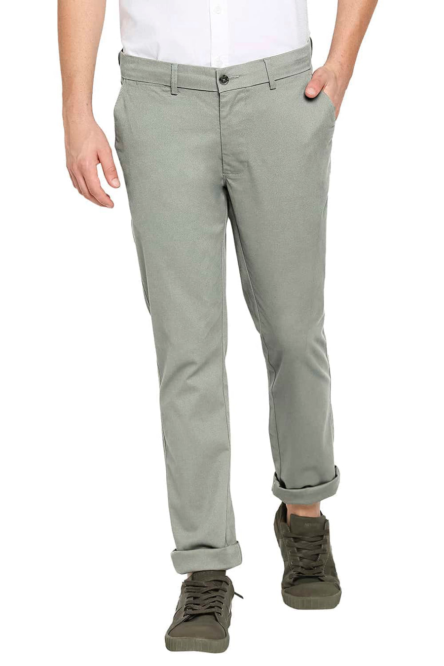 BASICS TAPERED FIT OLIVINE OLIVE STRETCH TROUSERS