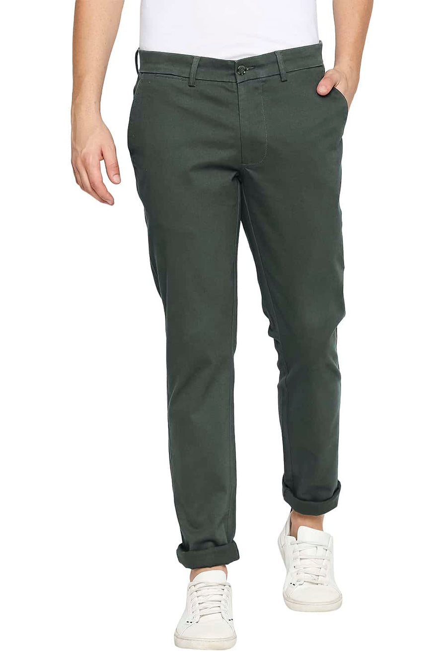 BASICS TAPERED FIT ROSIN OLIVE STRETCH TROUSERS