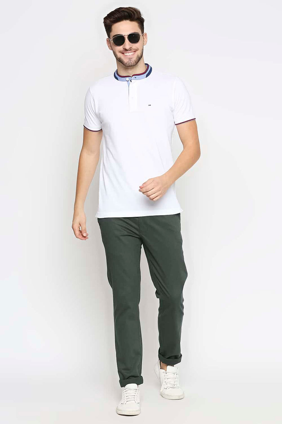 BASICS TAPERED FIT ROSIN OLIVE STRETCH TROUSERS
