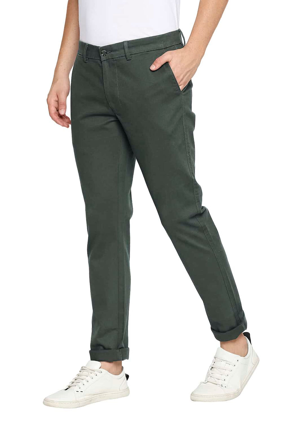 BASICS TAPERED FIT ROSIN OLIVE STRETCH TROUSERS