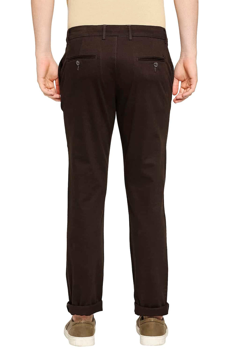 BASICS TAPERED FIT DEMITASSE BROWN STRETCH TROUSERS