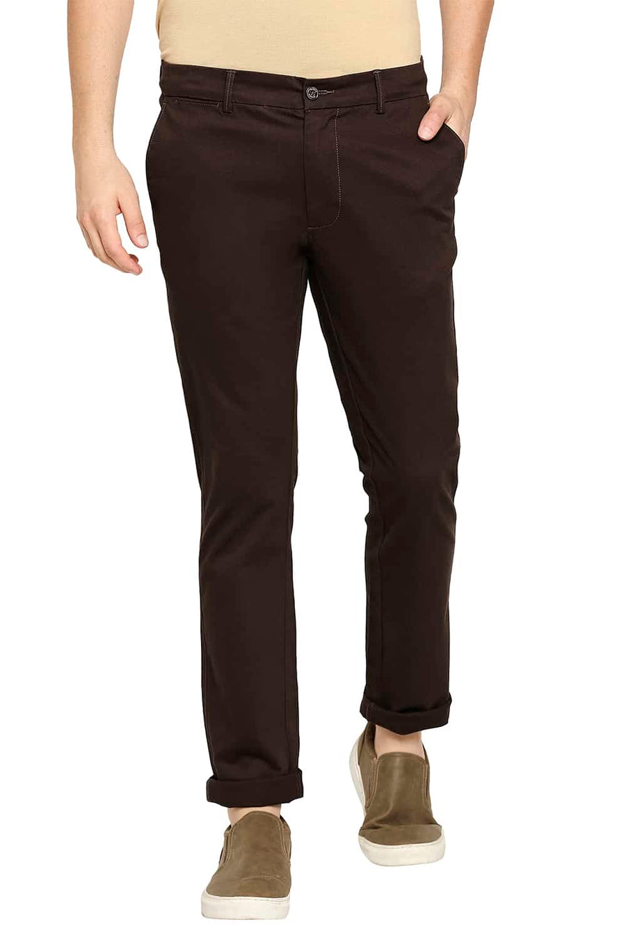 BASICS TAPERED FIT DEMITASSE BROWN STRETCH TROUSERS