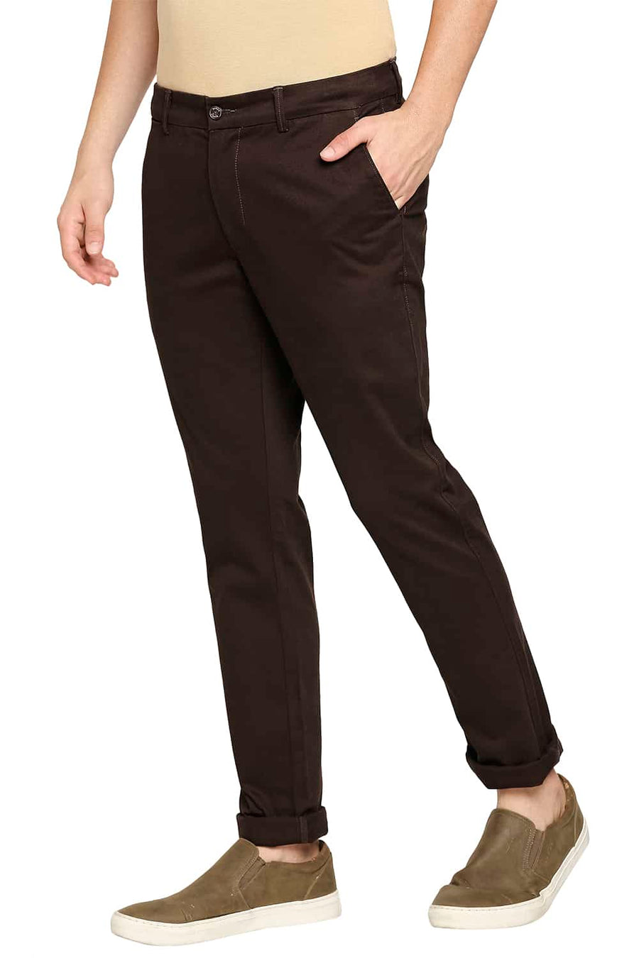 BASICS TAPERED FIT DEMITASSE BROWN STRETCH TROUSERS