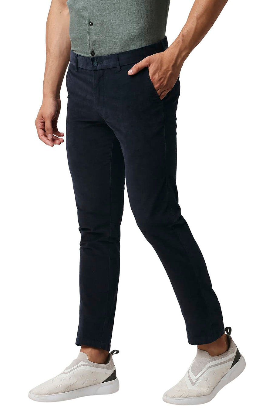 BASICS TAPERED FIT OYSTER BLACK STRETCH CORDUROY TROUSERS