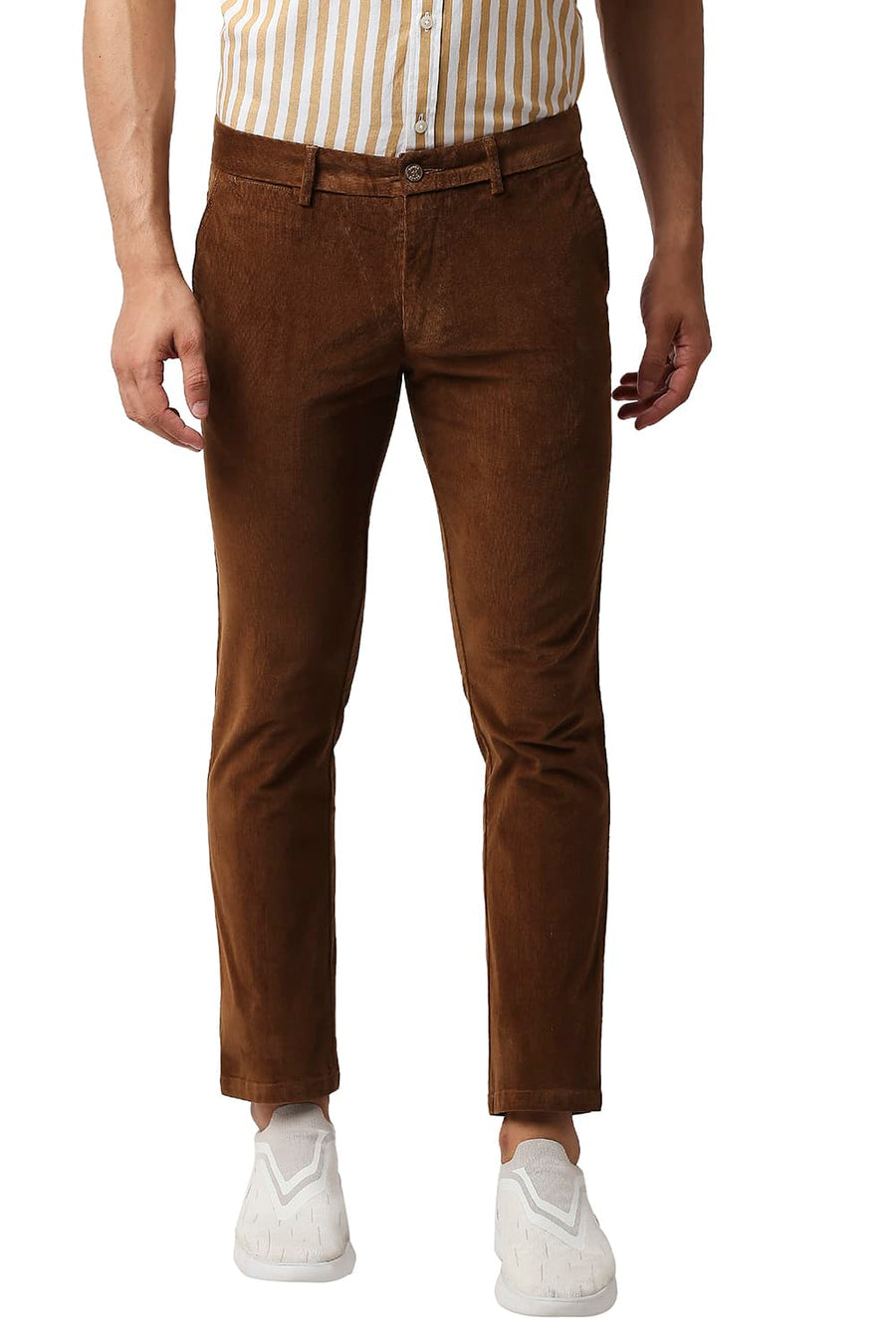 BASICS TAPERED FIT NUTHATCH BROWN STRETCH CORDUROY TROUSERS