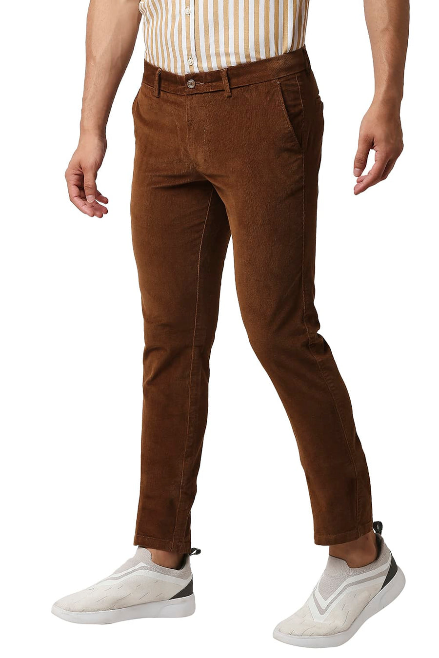 BASICS TAPERED FIT NUTHATCH BROWN STRETCH CORDUROY TROUSERS
