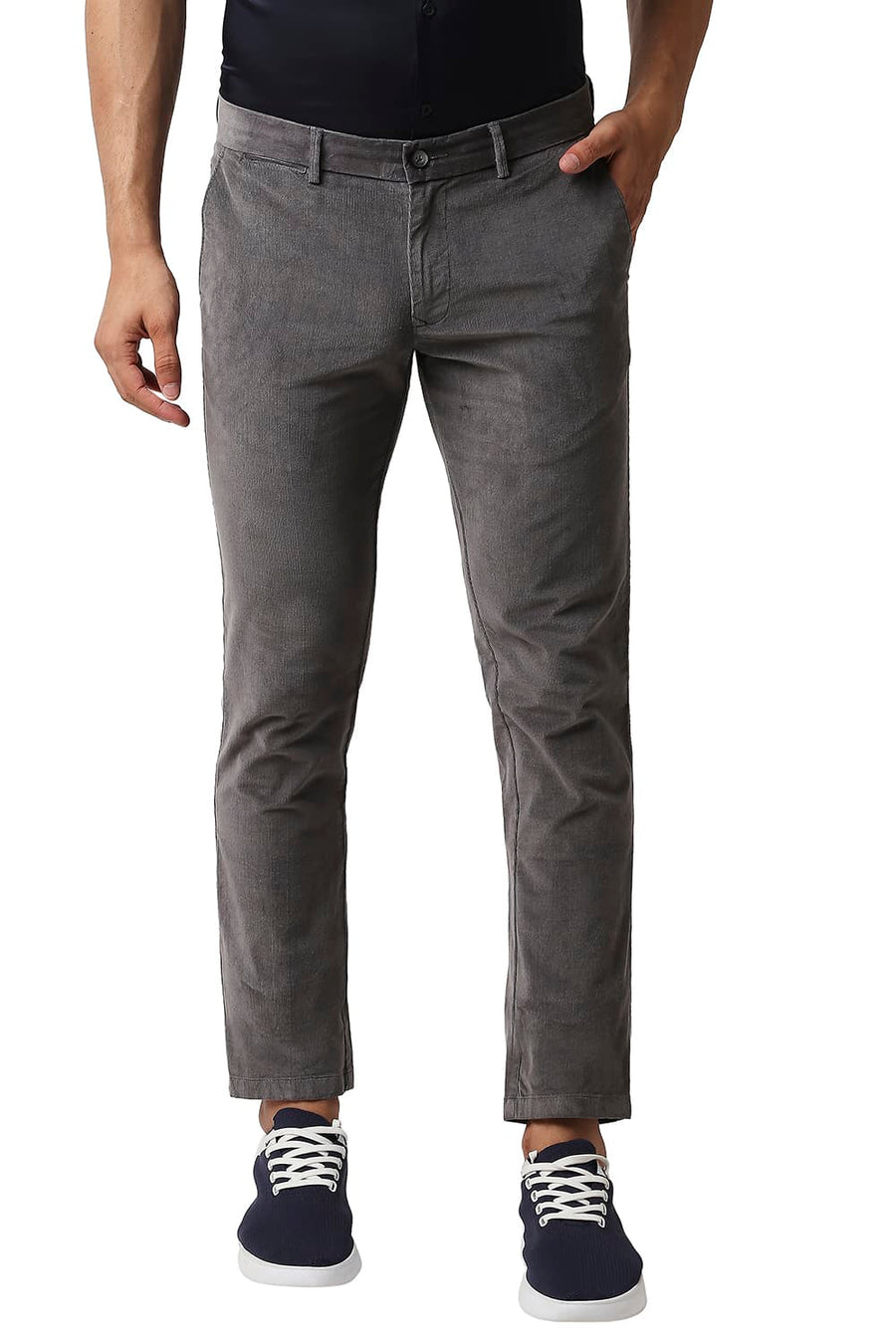 BASICS TAPERED FIT LAVA SMOKE GREY STRETCH CORDUROY TROUSERS