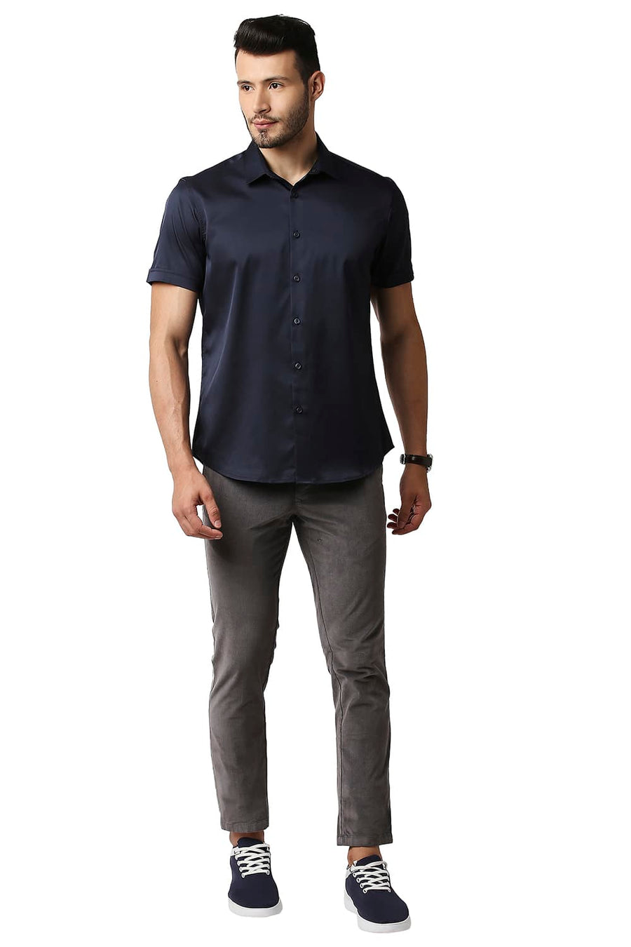 BASICS TAPERED FIT LAVA SMOKE GREY STRETCH CORDUROY TROUSERS
