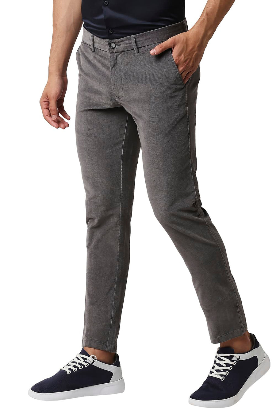 BASICS TAPERED FIT LAVA SMOKE GREY STRETCH CORDUROY TROUSERS
