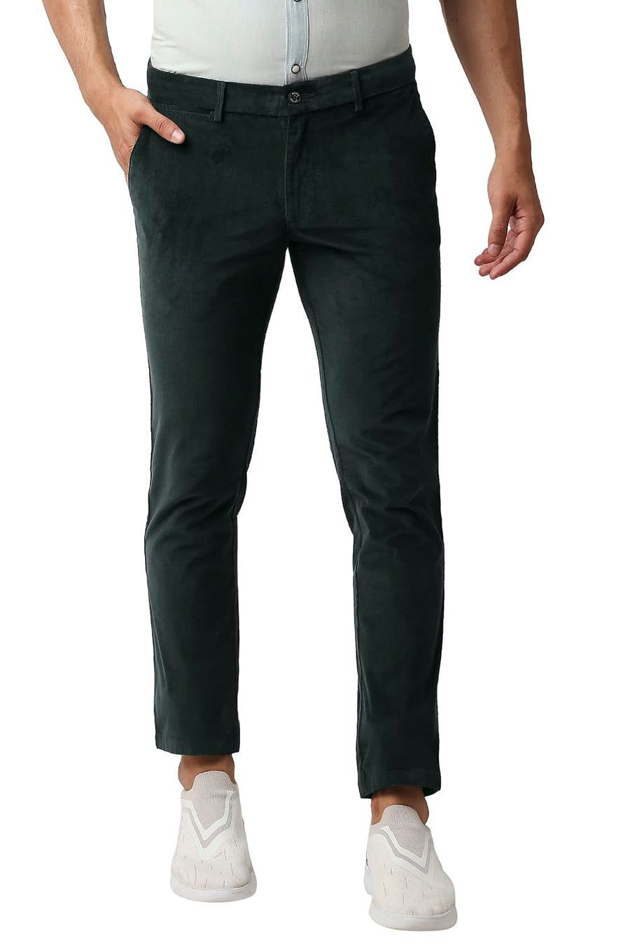 BASICS TAPERED FIT PONDEROSA PINE GREEN STRETCH CORDUROY TROUSERS