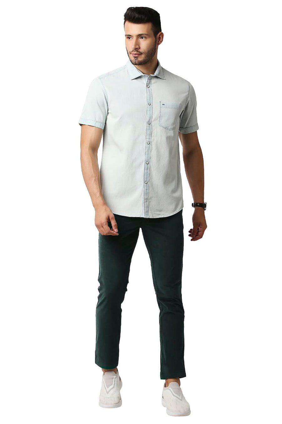BASICS TAPERED FIT PONDEROSA PINE GREEN STRETCH CORDUROY TROUSERS