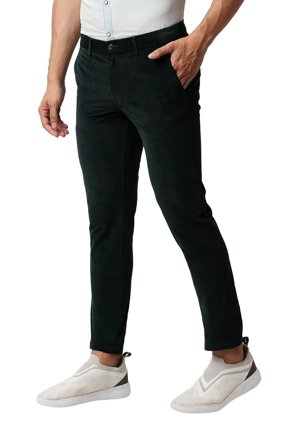 BASICS TAPERED FIT PONDEROSA PINE GREEN STRETCH CORDUROY TROUSERS