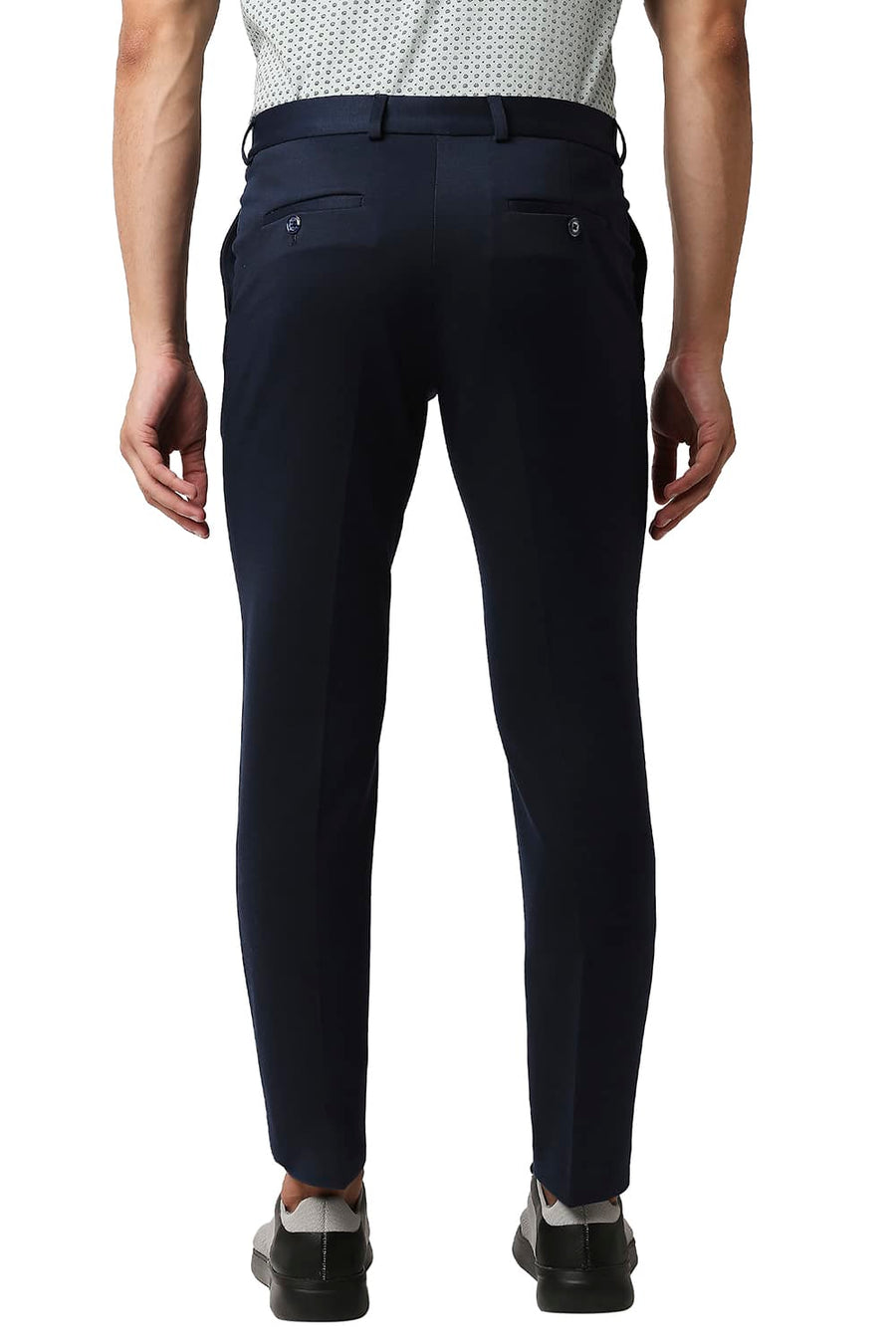 BASICS TAPERED FIT DARK DENIM STRETCH KNIT TROUSERS