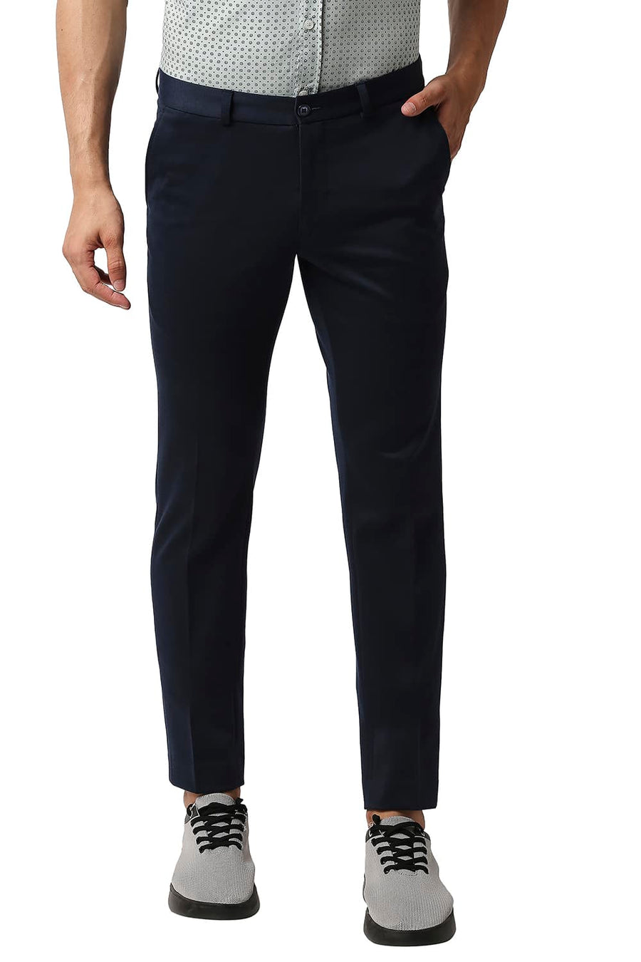 BASICS TAPERED FIT DARK DENIM STRETCH KNIT TROUSERS