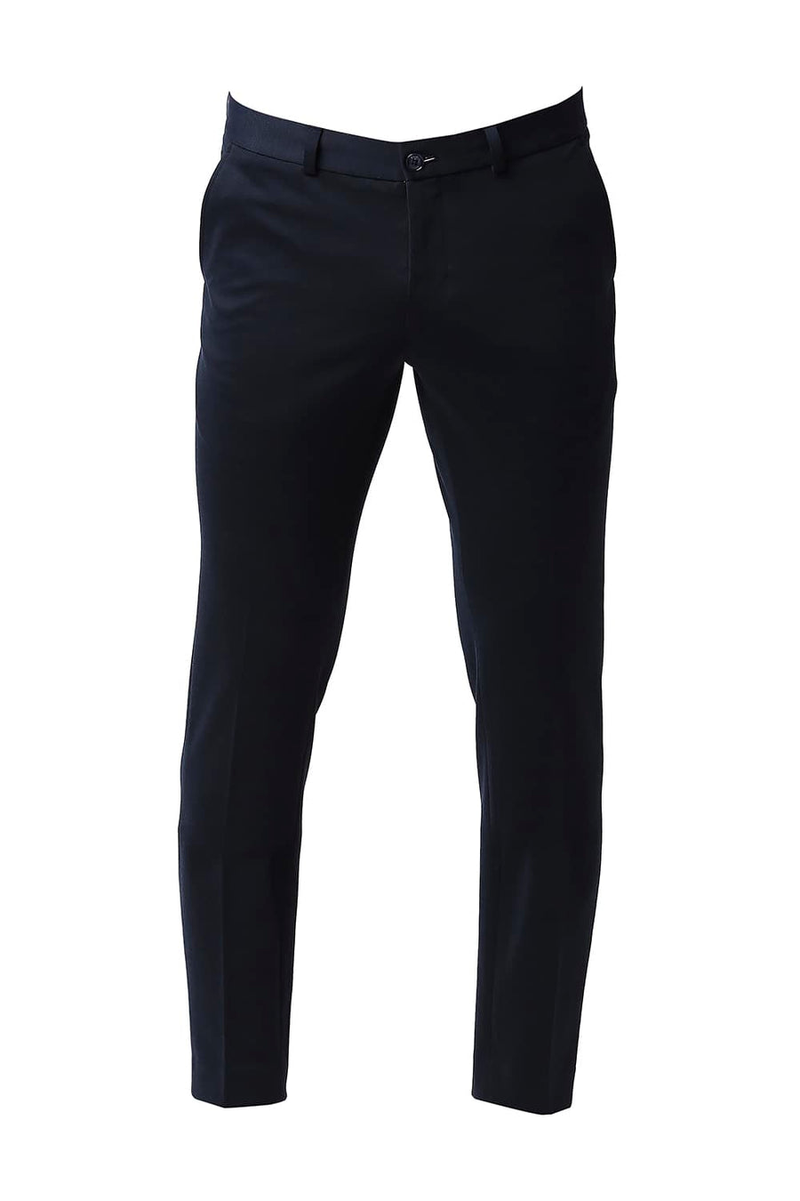 BASICS TAPERED FIT DARK DENIM STRETCH KNIT TROUSERS