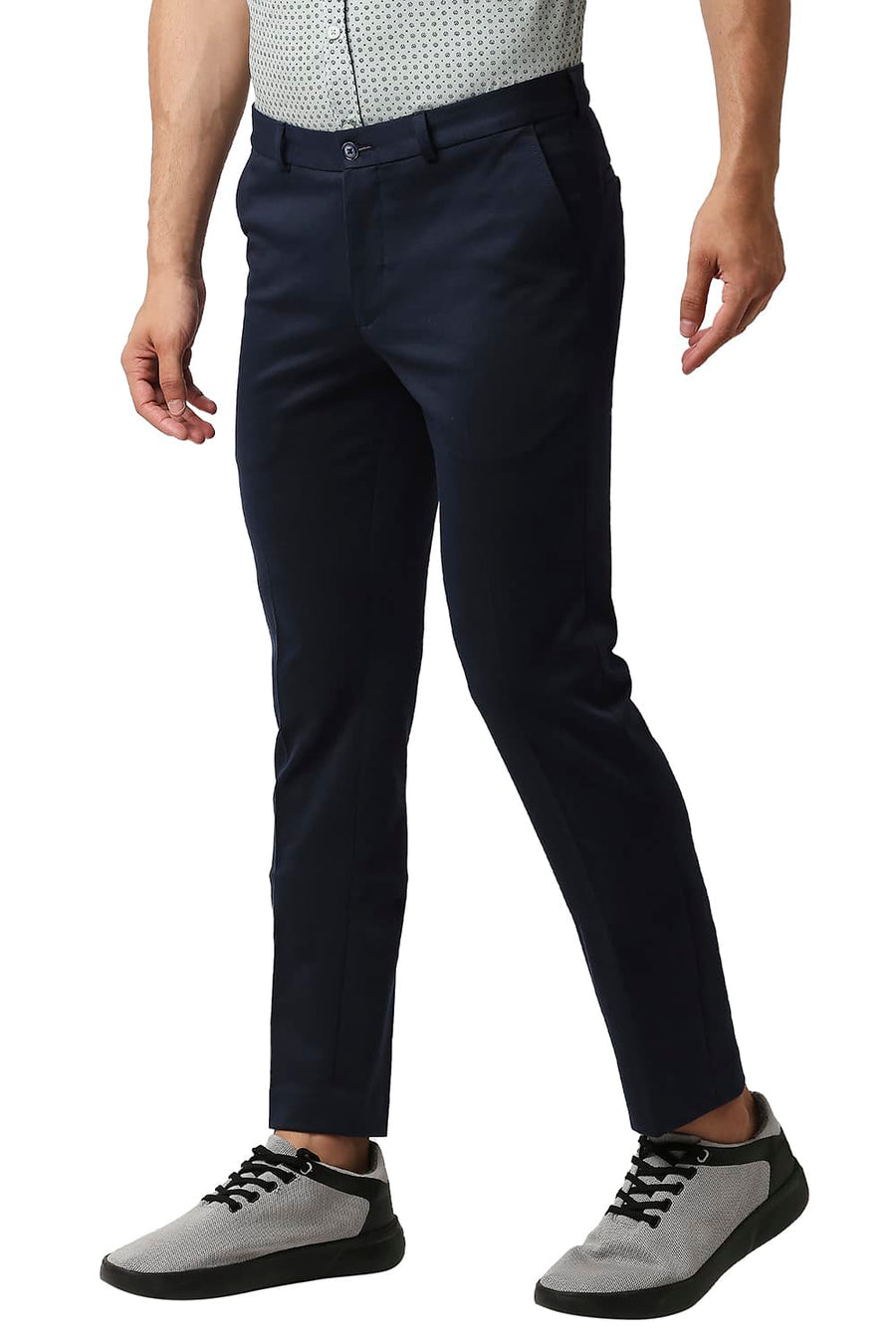 BASICS TAPERED FIT DARK DENIM STRETCH KNIT TROUSERS