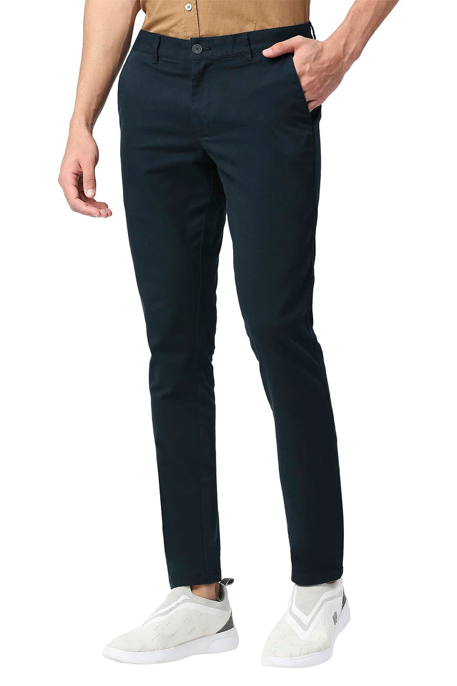 BASICS TAPERED FIT VULCAN NAVY COTTON STRETCH TROUSERS