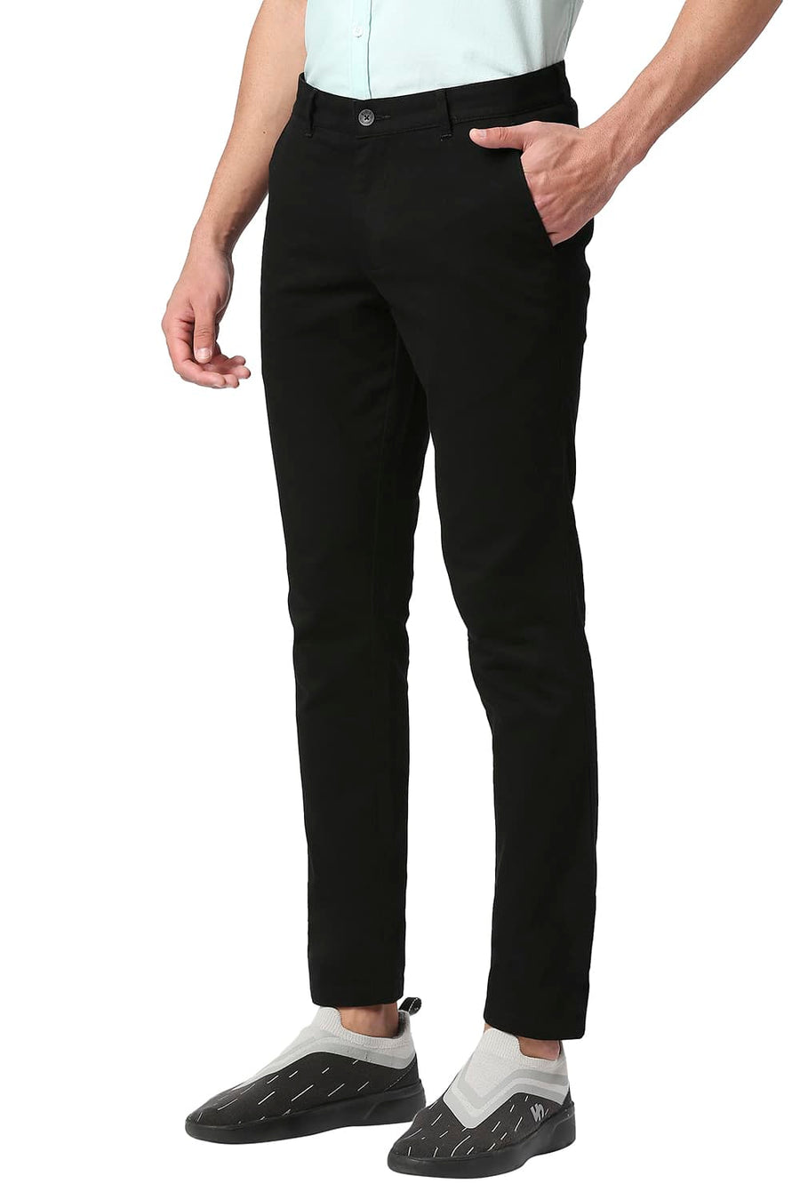 BASICS TAPERED FIT PHANTOM BLACK COTTON STRETCH TROUSERS