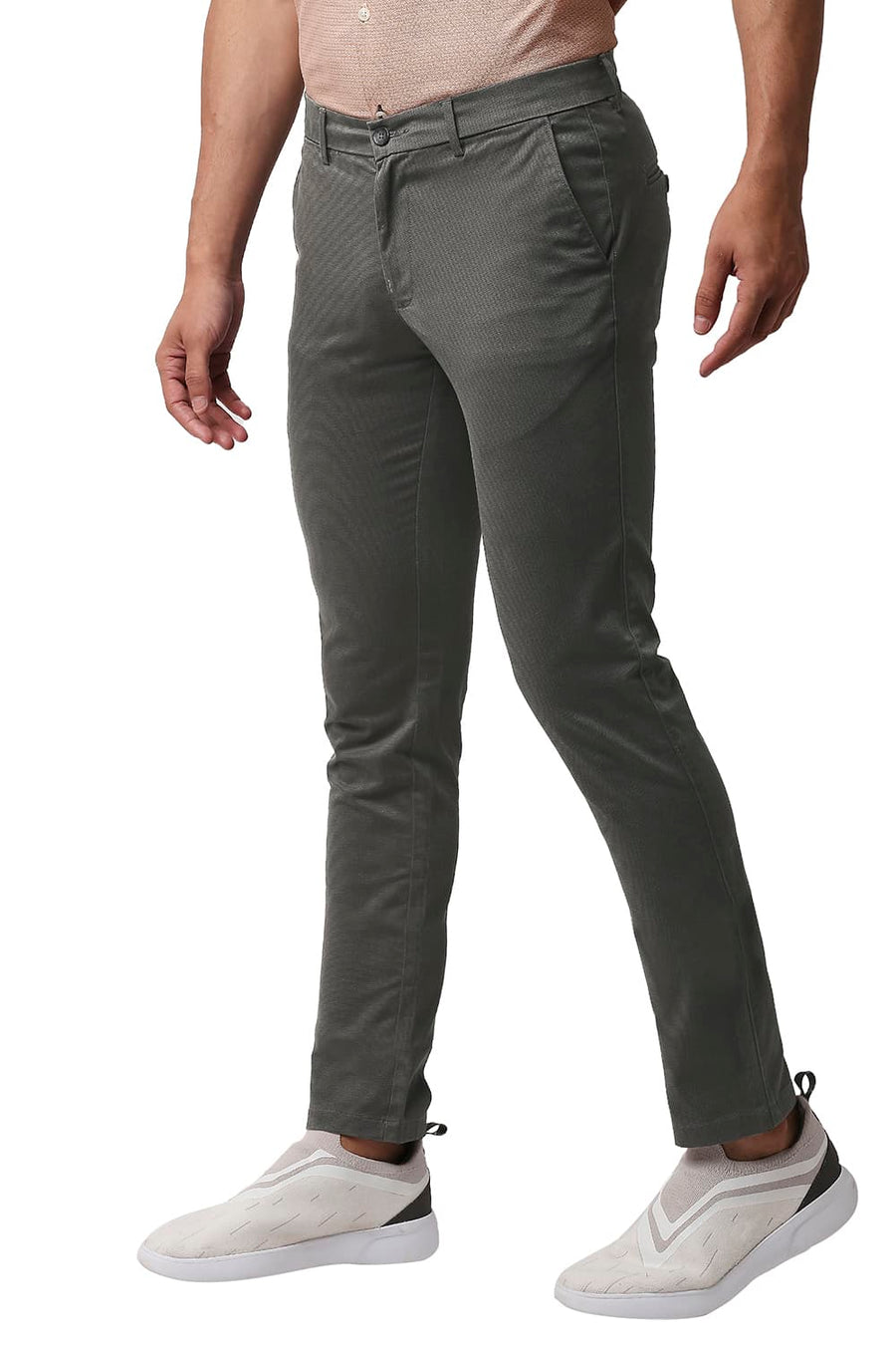 BASICS SKINNY FIT QUILL GREY STRETCH PRINTED TROUSERS