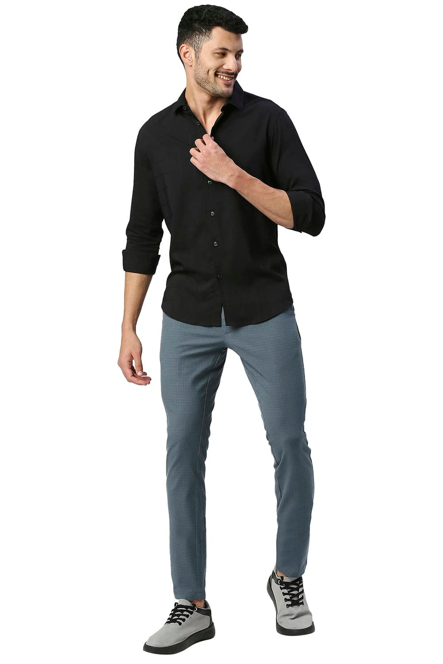BASICS SKINNY FIT FLINTSTONE BLUE STRETCH CHECKS TROUSERS