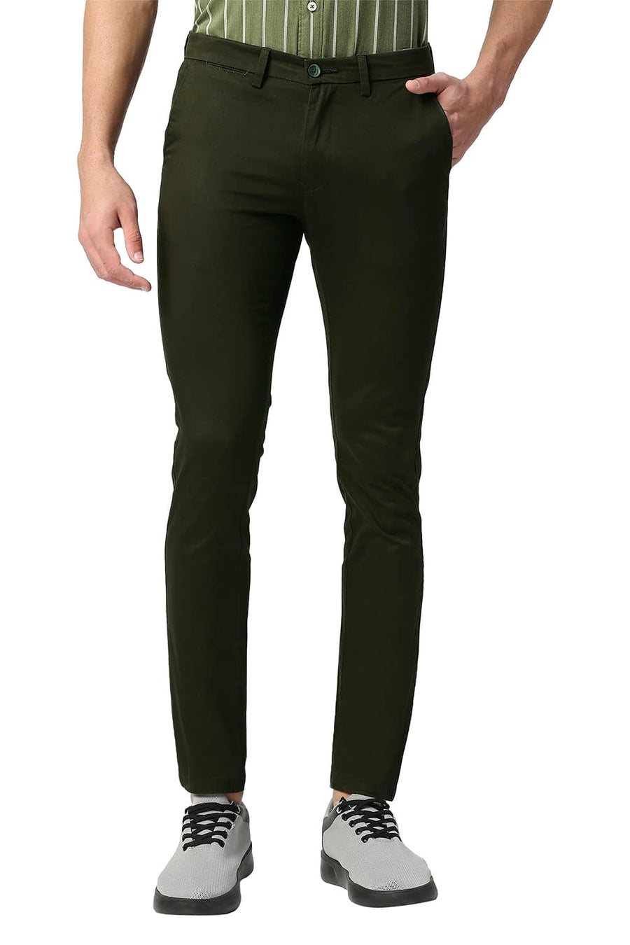 BASICS SKINNY FIT TARMAC OLIVE BROKEN TWILL STRETCH TROUSERS
