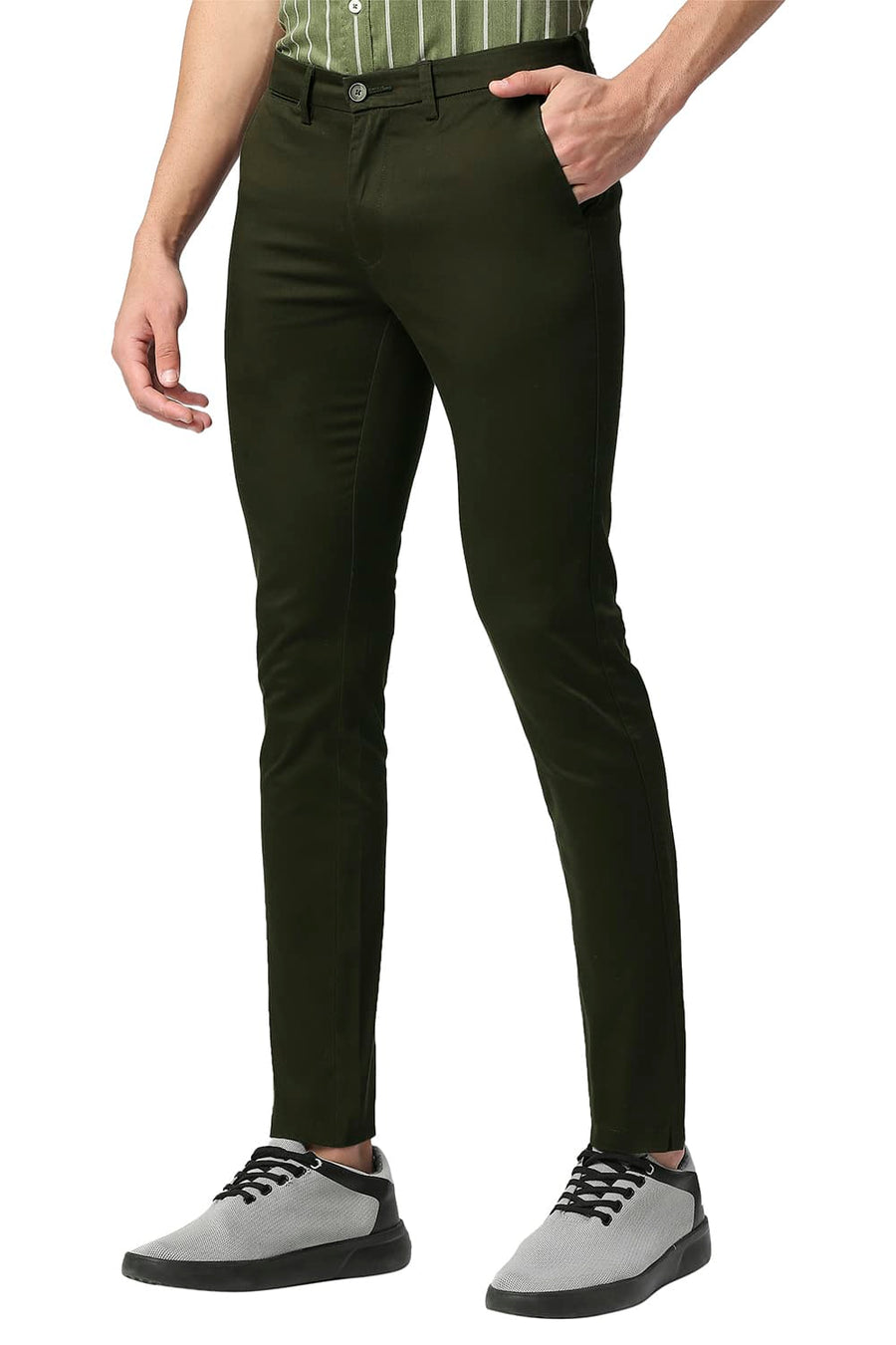 BASICS SKINNY FIT TARMAC OLIVE BROKEN TWILL STRETCH TROUSERS