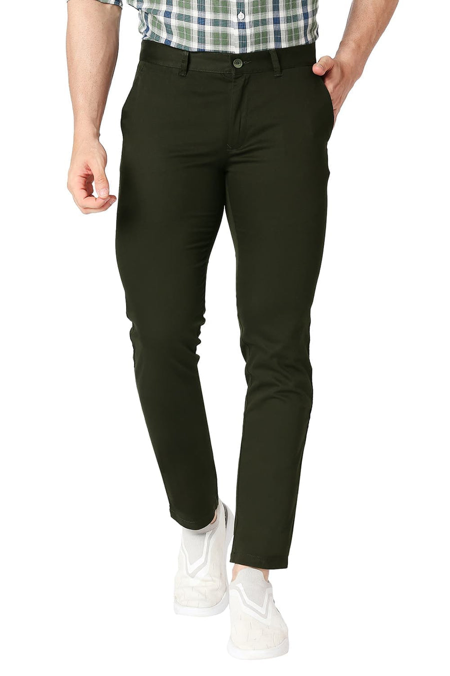 BASICS TAPERED FIT FOREST GREEN COTTON STRETCH TROUSERS