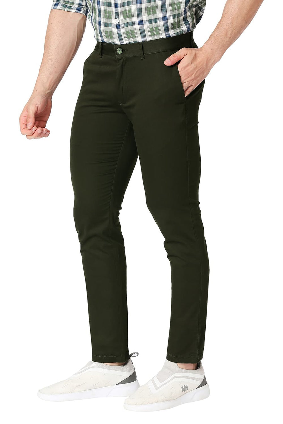 BASICS TAPERED FIT FOREST GREEN COTTON STRETCH TROUSERS