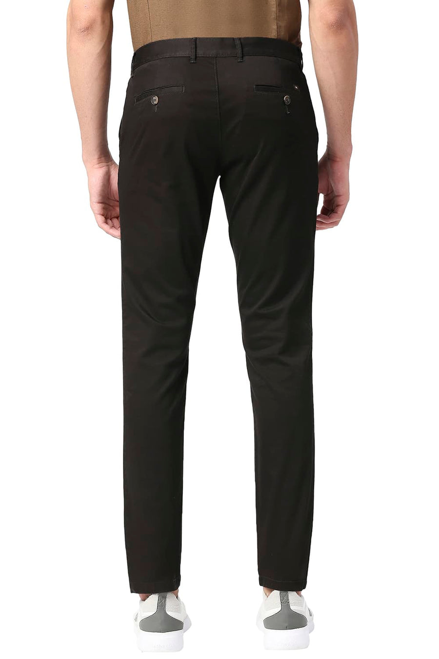 BASICS TAPERED FIT LICORICE BROWN COTTON STRETCH TROUSERS
