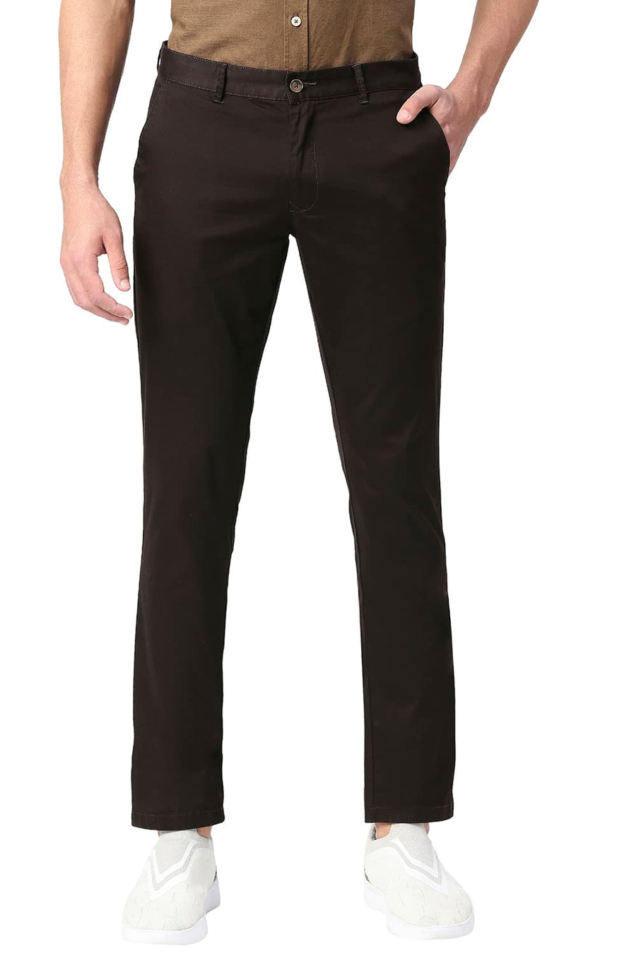 BASICS TAPERED FIT LICORICE BROWN COTTON STRETCH TROUSERS