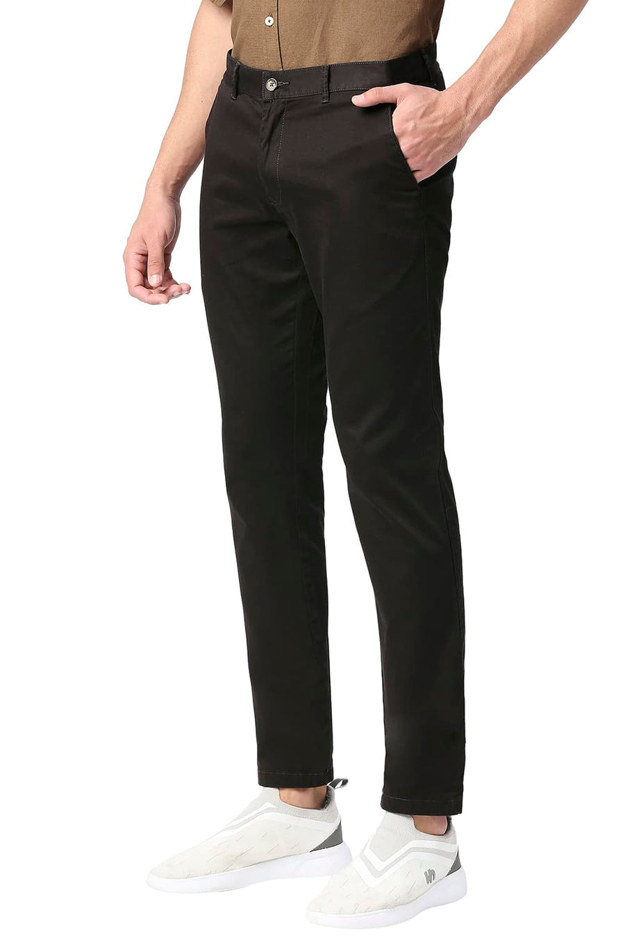 BASICS TAPERED FIT LICORICE BROWN COTTON STRETCH TROUSERS