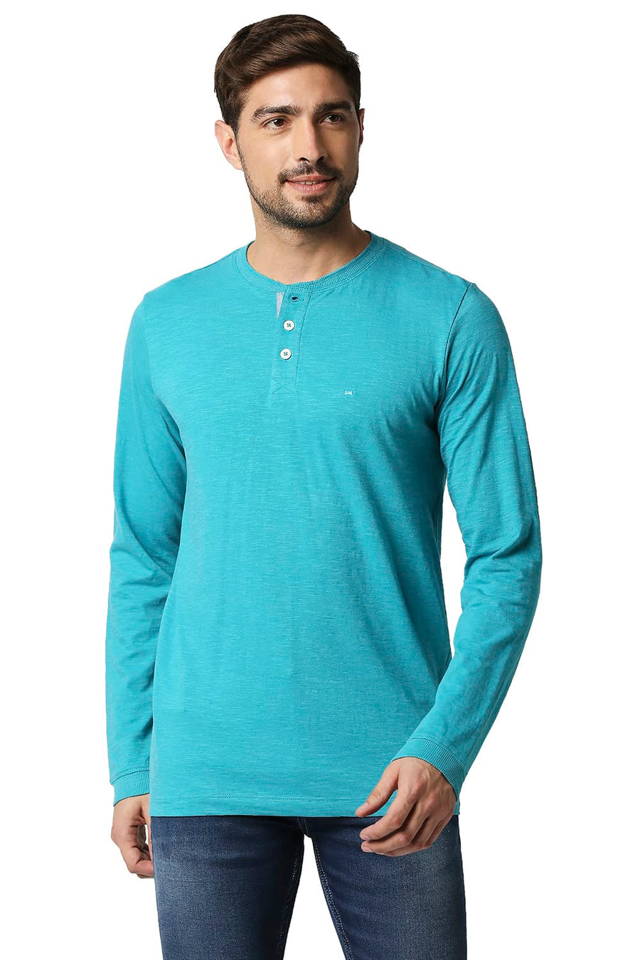 BASICS MUSCLE FIT THAHITIAN TEAL HENLEY T-SHIRT