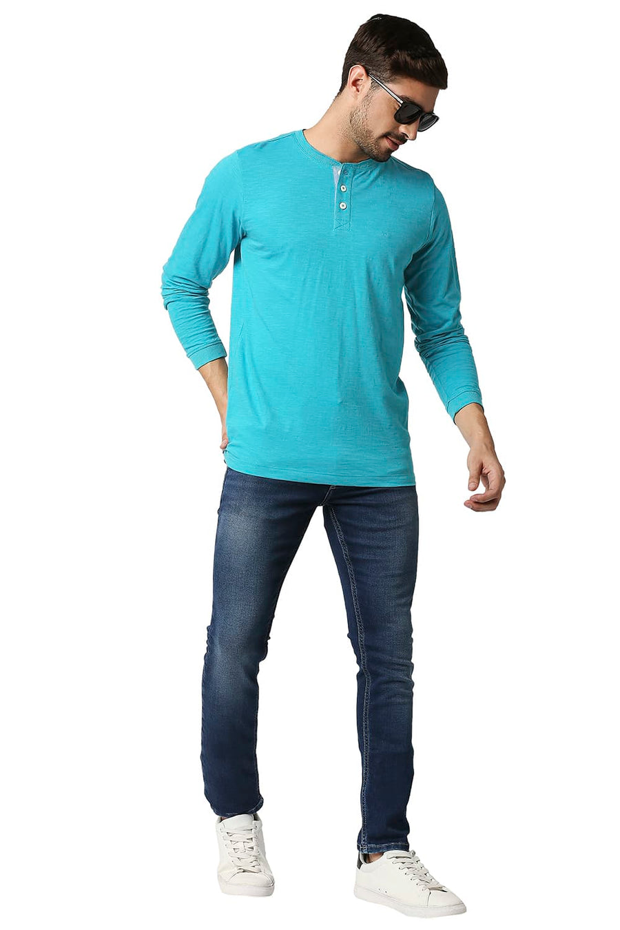 BASICS MUSCLE FIT THAHITIAN TEAL HENLEY T-SHIRT