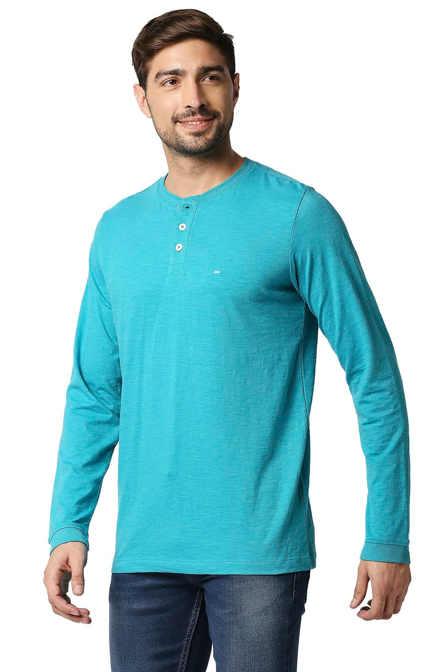 BASICS MUSCLE FIT THAHITIAN TEAL HENLEY T-SHIRT