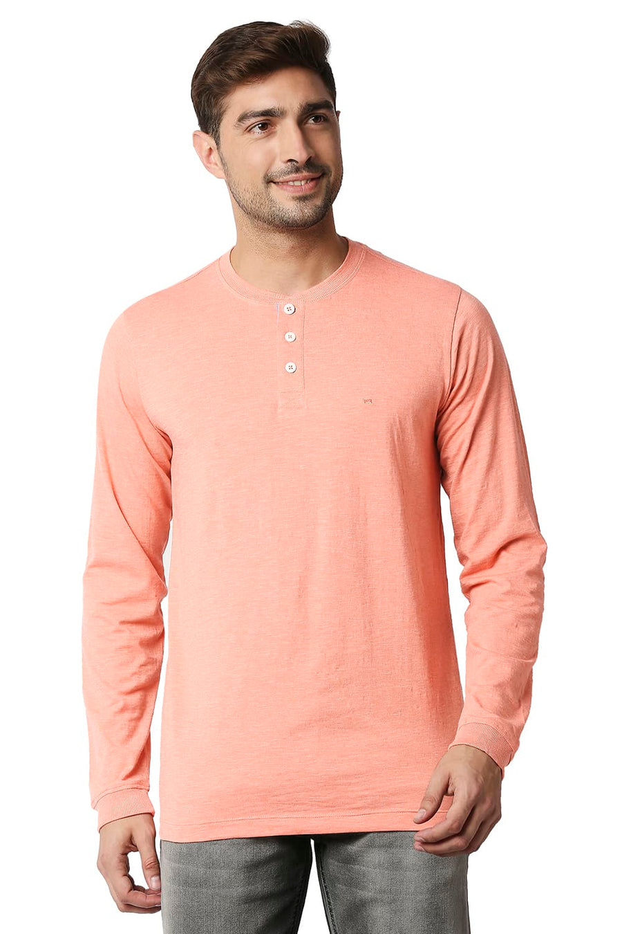 BASICS MUSCLE FIT CORAL HAZE HENLEY T-SHIRT