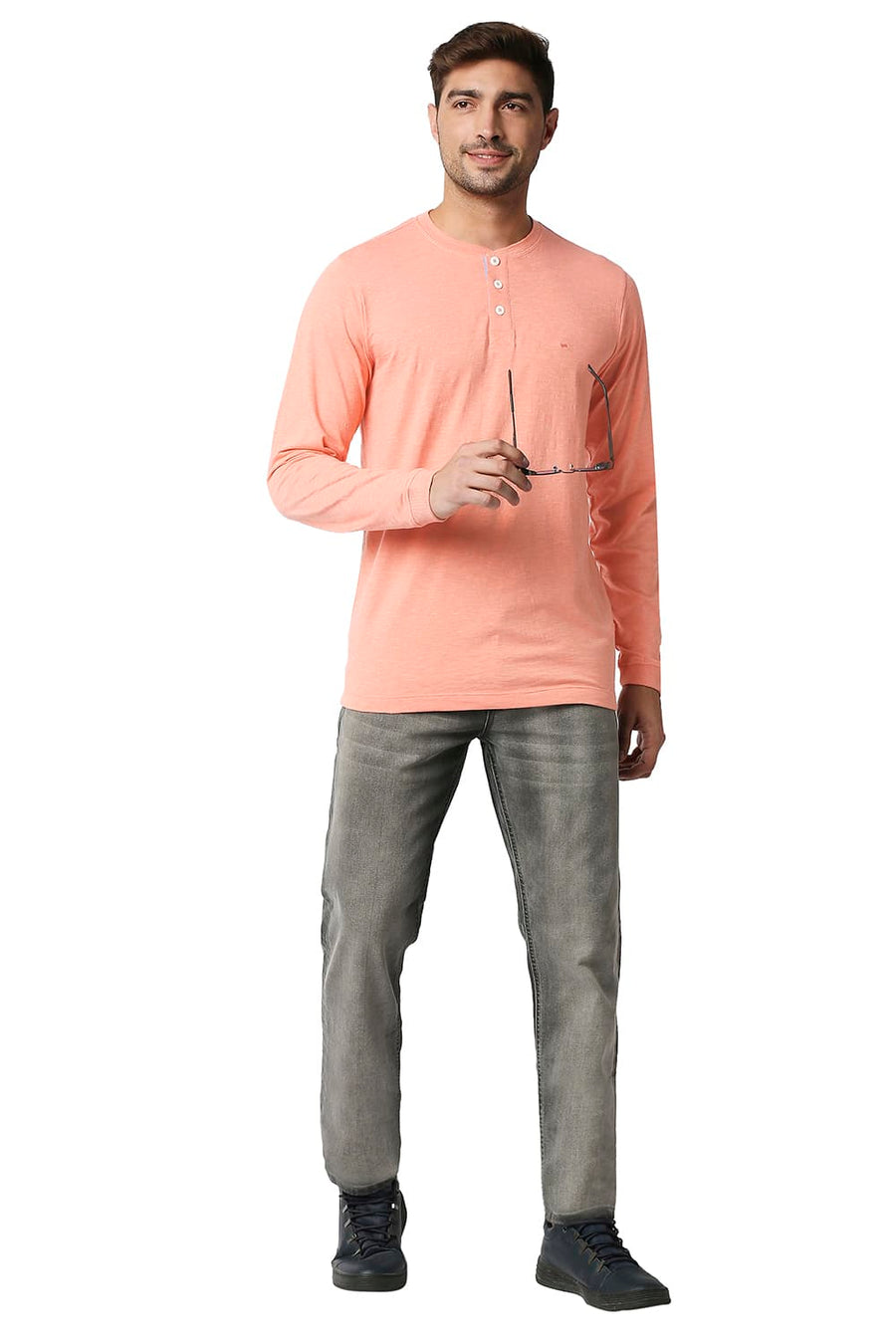 BASICS MUSCLE FIT CORAL HAZE HENLEY T-SHIRT