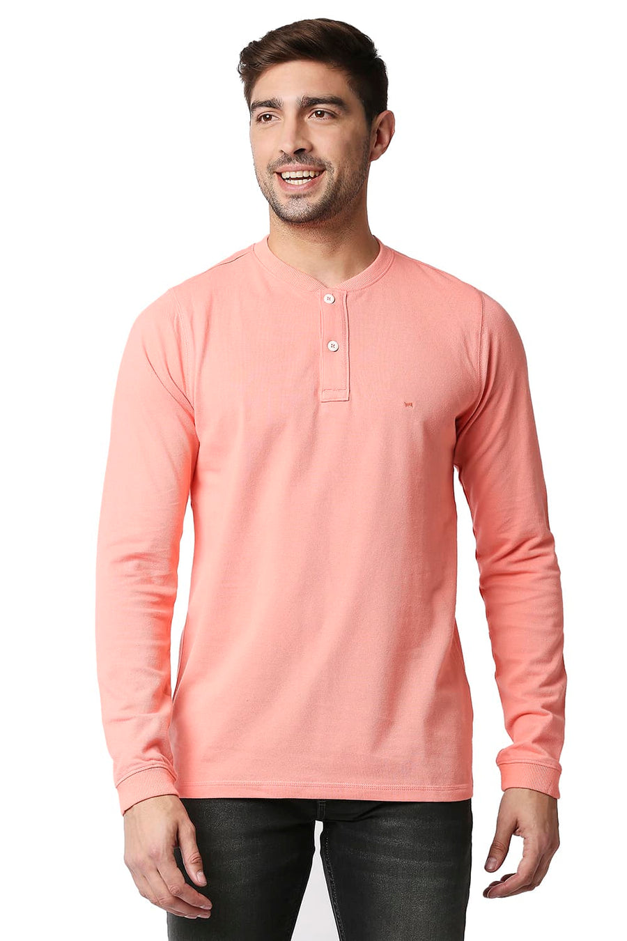 BASICS MUSCLE FIT CORAL ALMOND HENLEY T-SHIRT