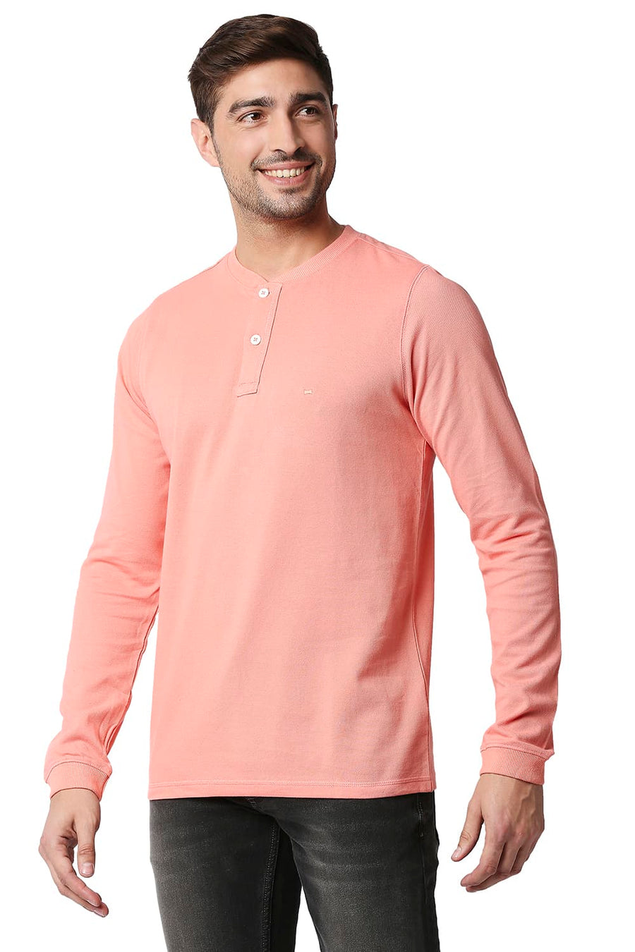 BASICS MUSCLE FIT CORAL ALMOND HENLEY T-SHIRT